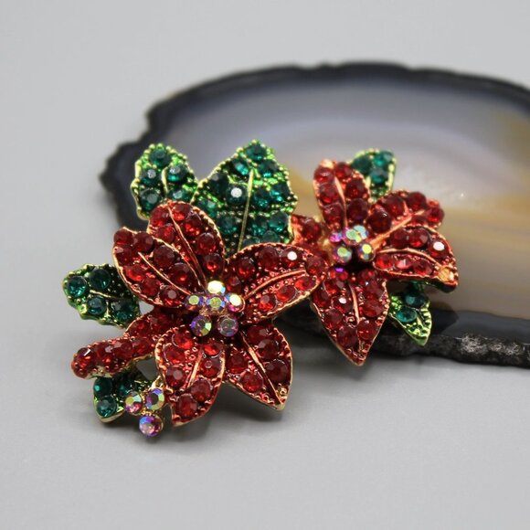 Poinsettia flower pin brooch jewelry Holidays Christmas yellow gold red green - Picture 1 of 11